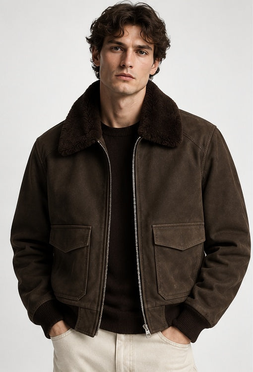 The Soren Suede Bomber — Stone Brown
