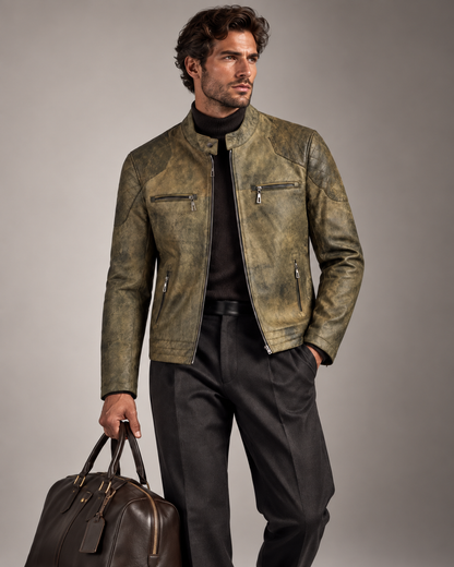 The Armand Leather Racer — Olive Stone