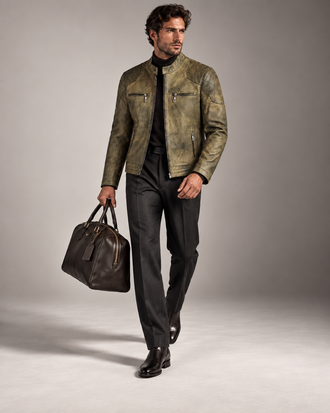 The Armand Leather Racer — Olive Stone