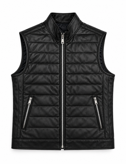 The Adrien Quilted Leather Vest — Black