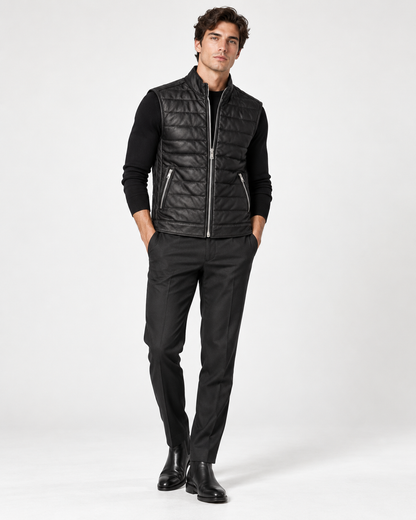 The Adrien Quilted Leather Vest — Black