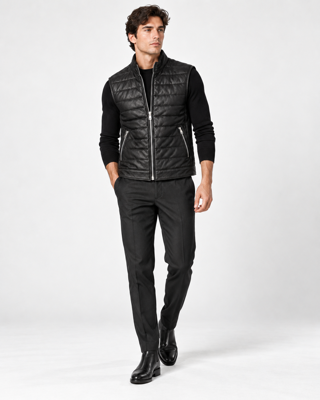 The Adrien Quilted Leather Vest — Black