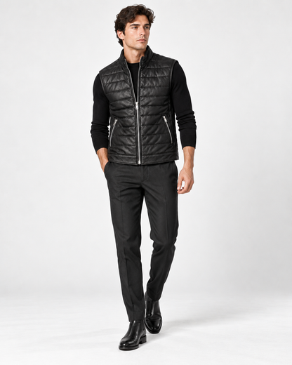 The Adrien Quilted Leather Vest — Black
